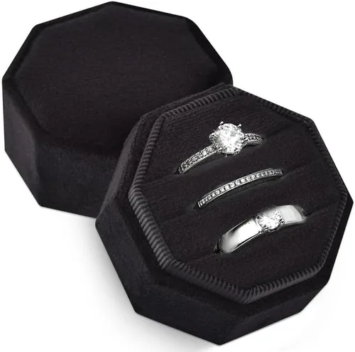 Caja de terciopelo para anillos de alta calidad para ceremonia de boda con tapa desmontable, elegante y bonita caja para anillos de boda, 3 ranuras