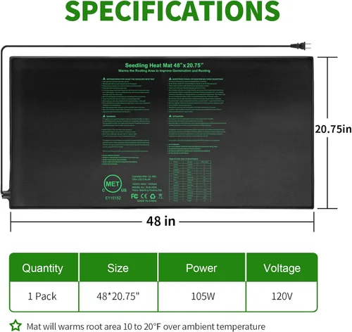 Miniatura 4 de Tapete térmico de semillas de 48 x 20.75 pulgadas para inicio de semillas, tapete térmico impermeable para germinación de semillas, almohadilla