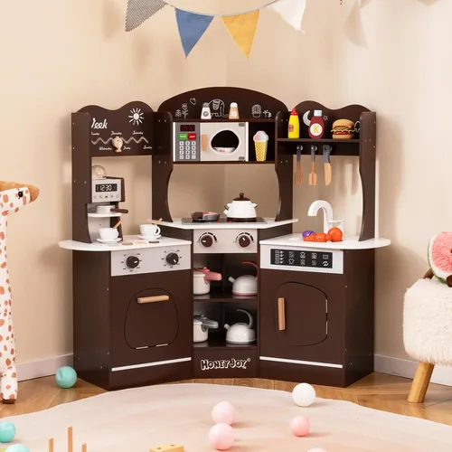 Miniatura 2 de HONEY JOY Cocina de Jugar de Esquina, Juego de Cocina de Madera para Niños Pequeños con Luces, Cafetera, Microondas, Fregadero, Grifo, Juego