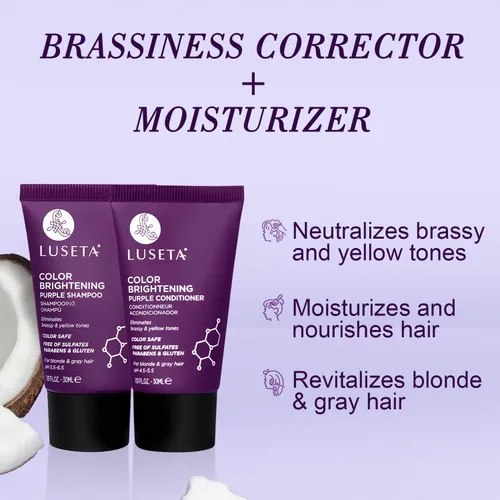 Miniatura 2 de Luseta - Kit de viaje de champú y acondicionador morado iluminador de color para cabello rubio y gris, infundido con aceite de coco nucifera