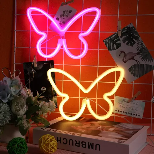 Riakrum 2 piezas de letreros de neón de mariposa con luz LED, alimentado por batería 3AA, operado por USB, luz de neón de pared, decoración de