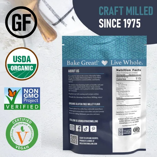 Miniatura 9 de Great River Milling Harina de mijo orgánica USDA orgánica, naturalmente sin gluten, sin OMG, vegana, kosher Sabor suave a nuez para hornear