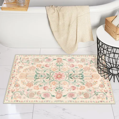 Miniatura 18 de Uphome Alfombra de baño bohemia con diseño floral beige, ultra suave, antideslizante, vintage, lavable a máquina, alfombra de baño floral para baño