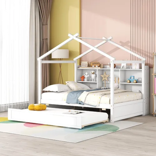 Miniatura 12 de Quarte Cama moderna de tamaño matrimonial con estantes de almacenamiento y cama nido de tamaño individual, sofá cama de madera para niños y niñas