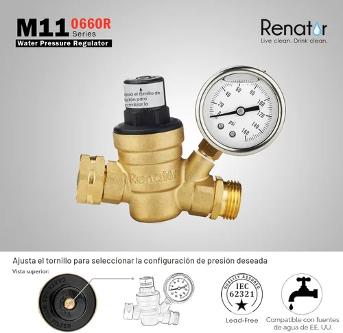 Miniatura 7 de renator M11-0660R regulador de presión de agua. Regulador de presión de agua ajustable sin plomo de latón con manómetro para caravanas, sin plomo