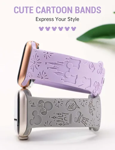 Miniatura 2 de 2 paquetes de correas grabadas con dibujos animados compatibles con Apple Watch de 38/40/41/42/44/45/46/49 mm, correa de silicona suave y linda
