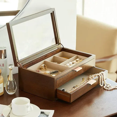 Miniatura 7 de AMYSTY Jewelry Organizer Jewelry Box 2 Tier Wooden Jewelry Case Retro Jewelry Box Hand Jewelry Earrings Necklace Velvet Lining Display Case For