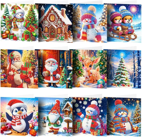 Miniatura 12 de LUSandy Paquete de 12 tarjetas de Navidad con pintura de diamante 5D para adultos, tarjetas de felicitación de arte con diamantes para gatos