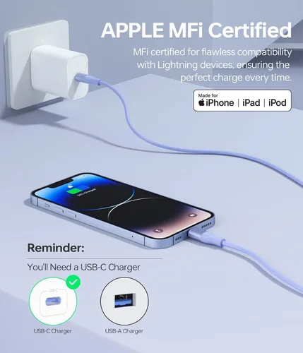 Miniatura 8 de Cable USB C a Lightning de Apple, paquete de 3 cargadores de iPhone de 6 pies con certificación MFi de carga rápida tipo C a Lightning, cable