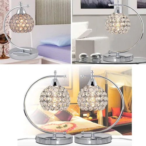 Miniatura 7 de Onerbuy Moderna lámpara de mesa de cristal enchufable, lámpara de mesa de noche cromada plateada E27 con interruptor de encendido/apagado en línea