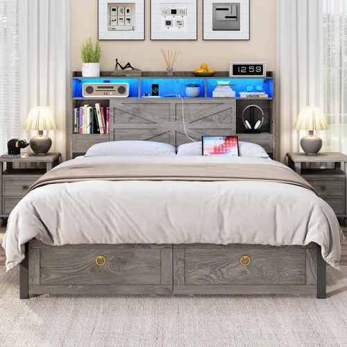 Miniatura 11 de TIGUBFRE Base de cama individual con cabecera de almacenamiento, marco de cama de madera de granja tamaño individual con 3 cajones, luz LED