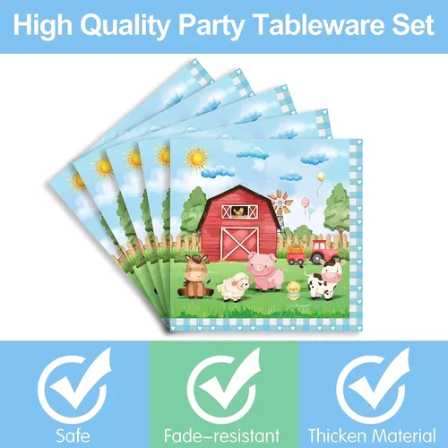 Miniatura 4 de Juego de 168 platos para fiesta de cumpleaños de granja, decoraciones de fiesta de animales de granja, incluye platos de vaca, vasos, servilletas