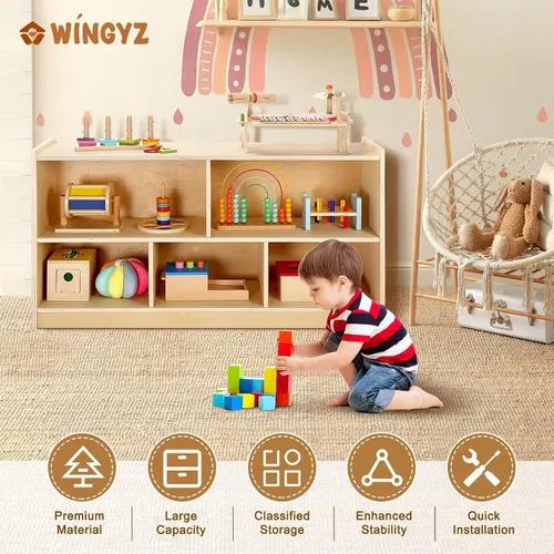 Miniatura 5 de WINGYZ Gabinete de almacenamiento de madera, estantería Montessori de 5 secciones, organizador de almacenamiento de juguetes para niños, estante