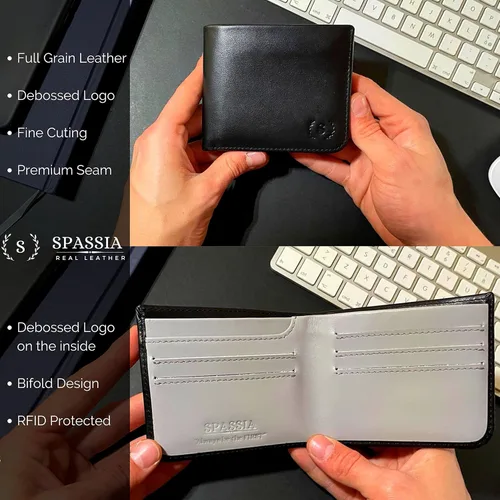 Miniatura 3 de Spassia Primero diseño delgado y plegable protección RFID cartera de cuero de grano completo Spatial Black Classic