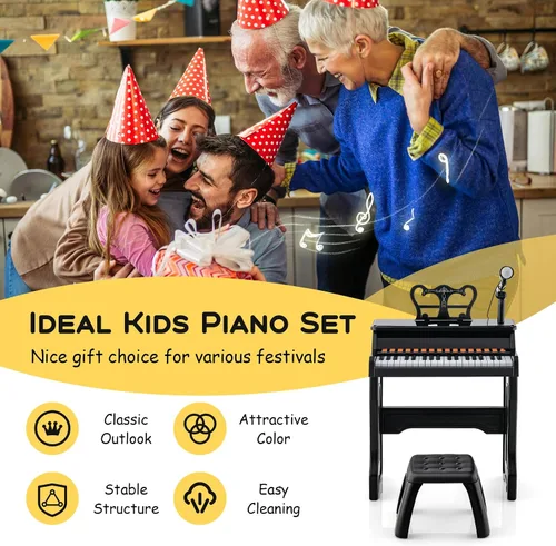 Miniatura 7 de HONEY JOY Piano para niños, piano de teclado negro de 37 teclas para niños con soporte de música y banco, regalo para bebés con micrófono