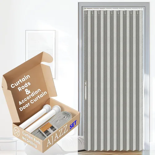 Miniatura 19 de AJAZZ Conjunto: Barras para cortinas sin perforación (28-39" de ancho) y cortina acordeón para puerta, beige 43" de ancho × 78" de largo, puertas