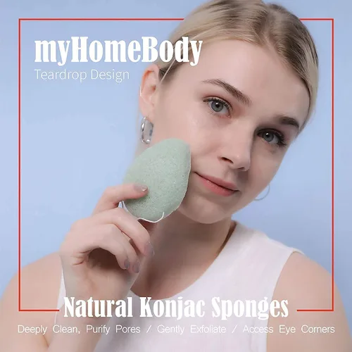Miniatura 2 de myHomeBody Esponjas faciales naturales Konjac – forma de lágrima – para una limpieza y exfoliación facial suave – con carbón activado y aloe vera