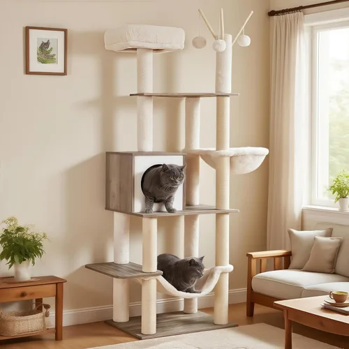 Miniatura 10 de Hey-brother Árbol de madera para gatos, muebles para gatos de 66.1 pulgadas con postes rascadores, torre moderna para gatos con hamacas, juguetes