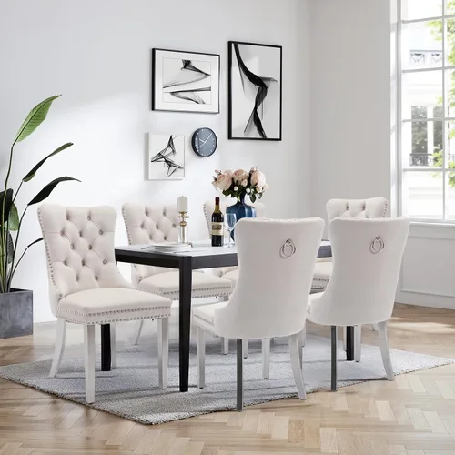 Miniatura 12 de Juego de 4 Sillas de Comedor de Terciopelo Tapizadas con Capitoné, Sillas Laterales de Cocina con Ribete de Tachuelas y Patas Chapadas en Oro
