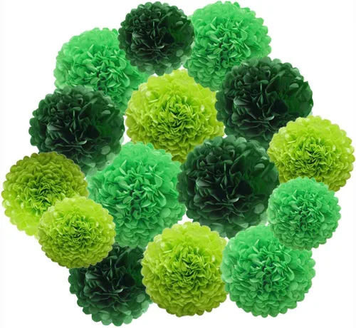 Pompones de papel de seda verde de la suerte, kit de decoración de fiesta del día de San Patricio, 21 pompones de papel de 8, 10 y 12 pulgadas para