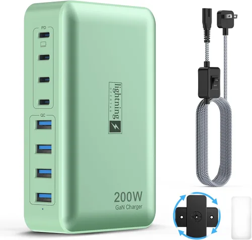 Miniatura 10 de Bloque de carga rápida USB C de 200 W, estación de carga de 8 puertos para iPhone/iPad/MacBook, caja de cargador 4C4A GaN, cargadores múltiples