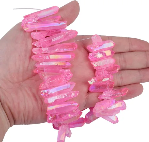 Miniatura 3 de TUMBEELLUWA Puntas de cristal de cuarzo para bisutería Cuentas de cristal de cuarzo con revestimiento de titanio pulidas o en bruto 15 pulgadas Rosa