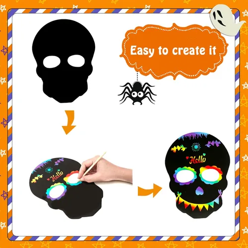 Miniatura 3 de MGparty Juego de 24 máscaras de rascar de Halloween para manualidades, arte de papel mágico para niños, actividades en el aula, recuerdos de fiesta