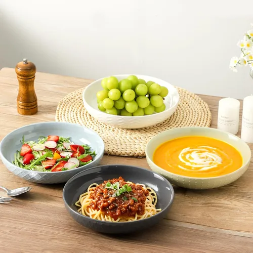 Miniatura 7 de HASENSE Tazones de cerámica para pasta, 42 onzas, juego de 4, cuencos grandes para servir, platos de cerámica en relieve anchos y poco profundos