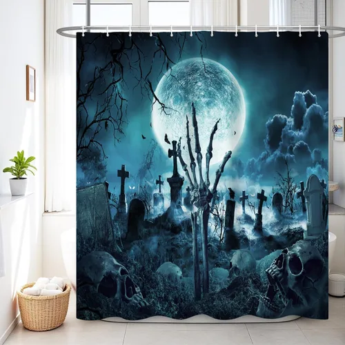 Miniatura 9 de Renaiss Cortina de ducha de Halloween de 60 x 72 pulgadas para decoración de Halloween, divertido esqueleto para el hogar, espeluznante calabaza