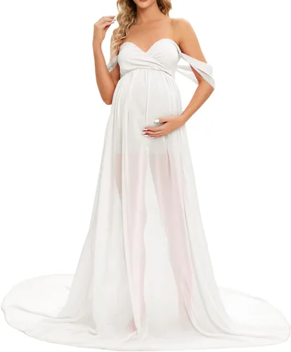 ZIUMUDY Vestido largo de gasa de maternidad para sesión de fotos, fotografía con hombros descubiertos, vestido de gasa transparente envuelto