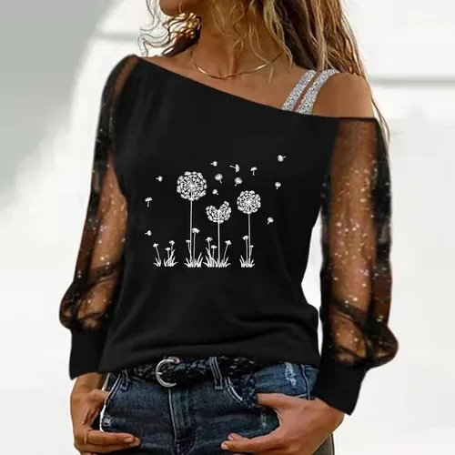 Miniatura 2 de NOKMOPO Tops de otoño para mujer, cuello diagonal de moda, manga larga, cuello de una línea, tops de manga larga para mujer