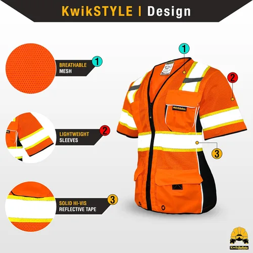 Miniatura 2 de KwikSafety - Charlotte, NC - Men's & Women's Class 3 Safety Vest PPE Hi Vis Reflective ANSI OSHA Naranja Mujer 1 Pack