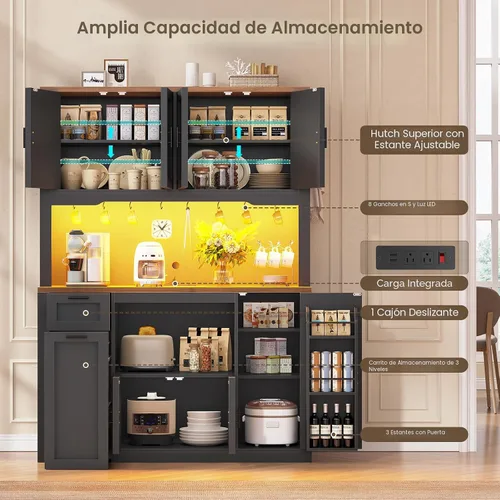 Miniatura 5 de Itaar Armario de despensa de 71 pulgadas con estación de carga y luz LED, armario de despensa de cocina con soporte para microondas, armarios