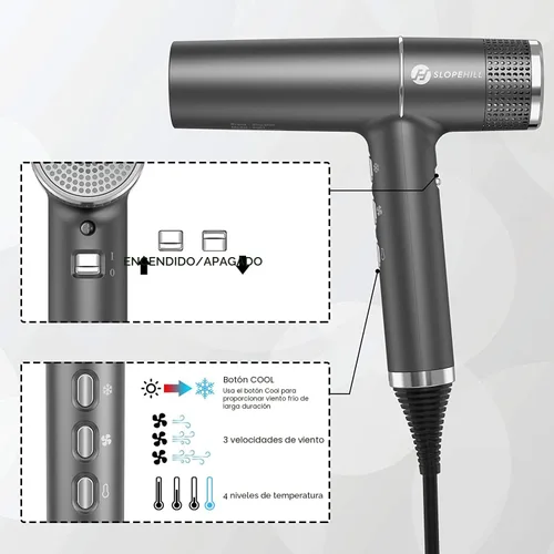 Miniatura 4 de slopehill Secador de pelo con motor único sin escobillas Diagnóstico inteligente de fallas Microfiltro innovador Tecnología Oxy Active Gris