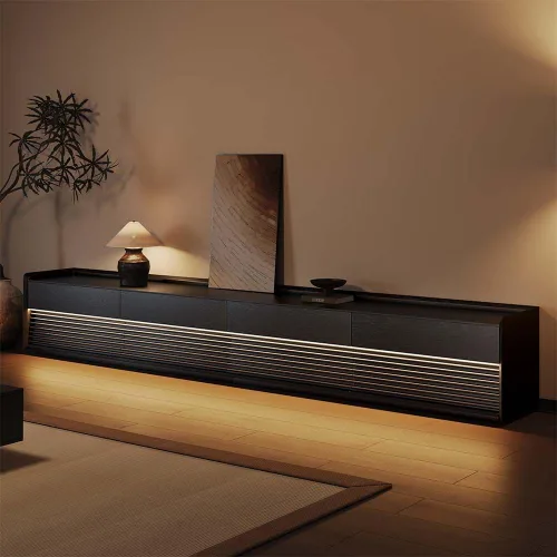Miniatura 21 de POVISON Soporte de TV moderno de mediados de siglo totalmente ensamblado con luces LED ajustables, consola multimedia de madera, centro