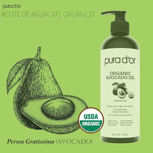 Miniatura 3 de PURA D'OR Aceite de Aguacate ORGÁNICO de 16 Oz, 100% Puro y Natural Certificado por USDA, Aceite Portador Prensado en Frío Para Belleza DIY, No