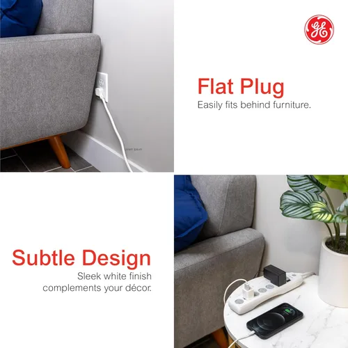 Miniatura 3 de GE Regleta de enchufes con protector contra sobretensiones, cable de extensión de 20 pies, extensor de 6 tomas, 800 joules, clavija plana, cubiertas