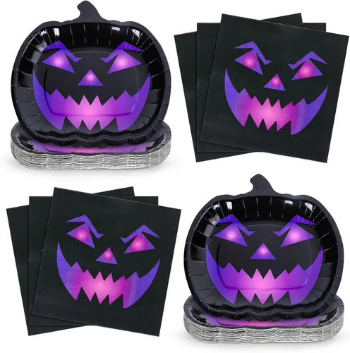 Whaline 24 platos y servilletas de papel de calabaza de Halloween, platos desechables espeluznantes de cara de calabaza negra y morada, decoración