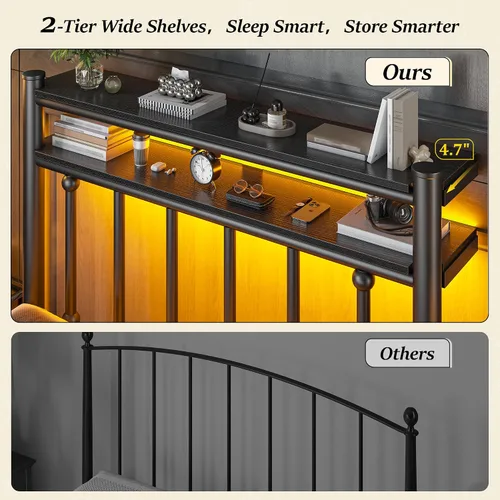 Miniatura 4 de Homkdom Base de cama de metal de tamaño individual con luces LED inteligentes y cabecera de almacenamiento de 2 niveles, base de colchón resistente