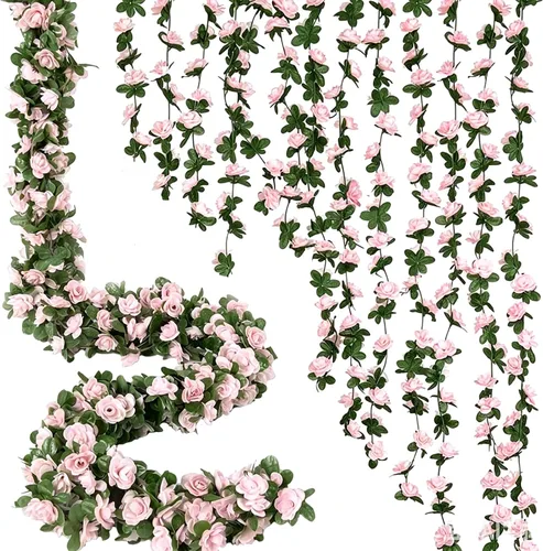 Miniatura 15 de Flores falsas, 10 unidades, plantas artificiales de vid de rosas colgantes, hiedra rosa para el hogar, hotel, oficina, boda, fiesta, jardín
