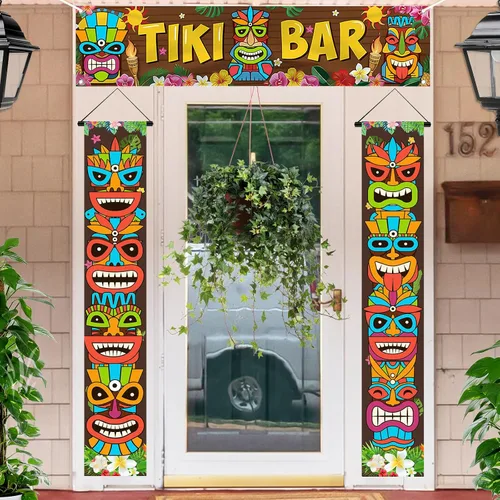 Miniatura 4 de Luau - Cartel para puerta de tótem Tiki, 3 piezas, pancarta de Tiki para porche, cubierta hawaiana para Aloha Hawaii, Moana tropical, cumpleaños