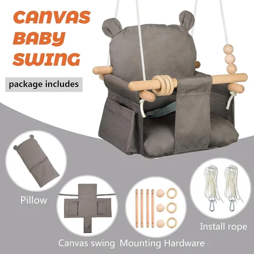 Miniatura 2 de Asiento de columpio colgante para bebé, silla de juguete de lona para niños pequeños con 2 bolsillos laterales para juegos en interiores, deportes