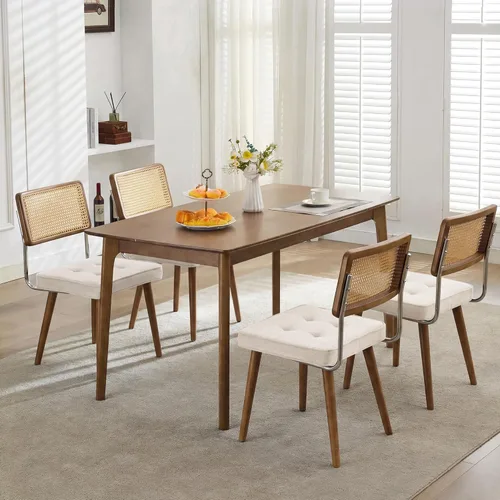 Miniatura 4 de GarveeHome Juego de 2 sillas de comedor de ratán natural, sillas de cocina tapizadas de lino con respaldo alto de caña y patas de madera fuertes