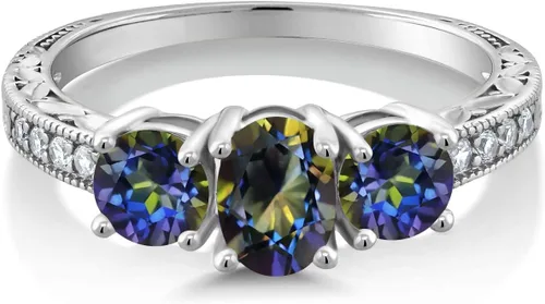 Miniatura 22 de Gem Stone King Anillo de compromiso de 3 piedras preciosas de oro blanco de 10 quilates con piedra natal y diamantes cultivados en laboratorio