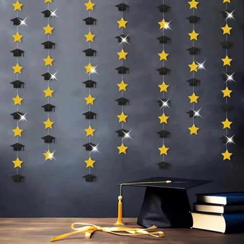 Guirnalda de Decoraciones de Fiesta de la Clase de Graduación 2026 Negro-Dorado - Banderines y Serpentinas de Sombrero de Graduado con Estrella