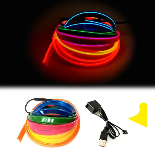 Miniatura 12 de Tira de luces LED de cable electroluminiscente azul para interior de automóvil, 6.5 pies de cable de neón con controlador USB de 5 voltios