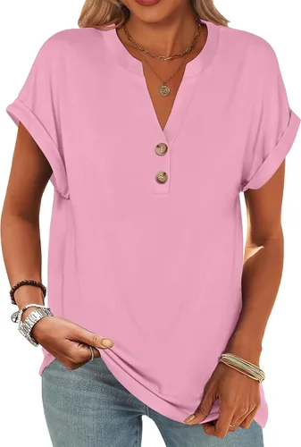 Miniatura 17 de ANRABESS - Camisetas Henley de manga corta para mujer, cuello en V, elegantes, estilo informal, de corte suelto; blusas fluidas de verano, ropa