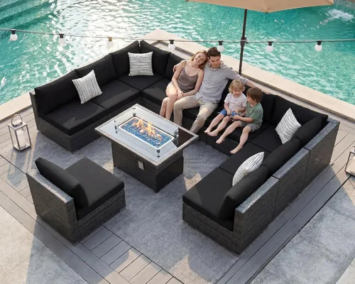 Miniatura 33 de BULEXYARD Juego de 7 piezas de sofá seccional para exteriores con respaldo alto, mesa para fogatas, juego de muebles de patio de mimbre resistente a