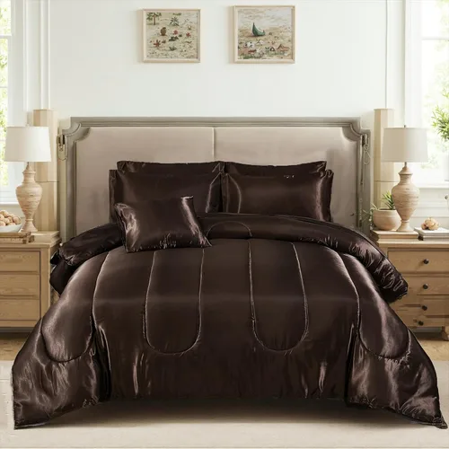 Miniatura 13 de Bedding_Dreamer Juego de edredón sedoso negro de satén en una bolsa, 8 piezas de ropa de cama sedosa de hotel de lujo con 1 edredón, 1 sábana