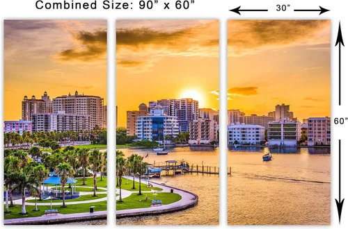 Miniatura 3 de 90 x 60 TOTAL - Sarasota, Florida USA Canvas Print Wall Art - 3 Panel Split, Triptych, home decor wall decor skyline 3 paneles